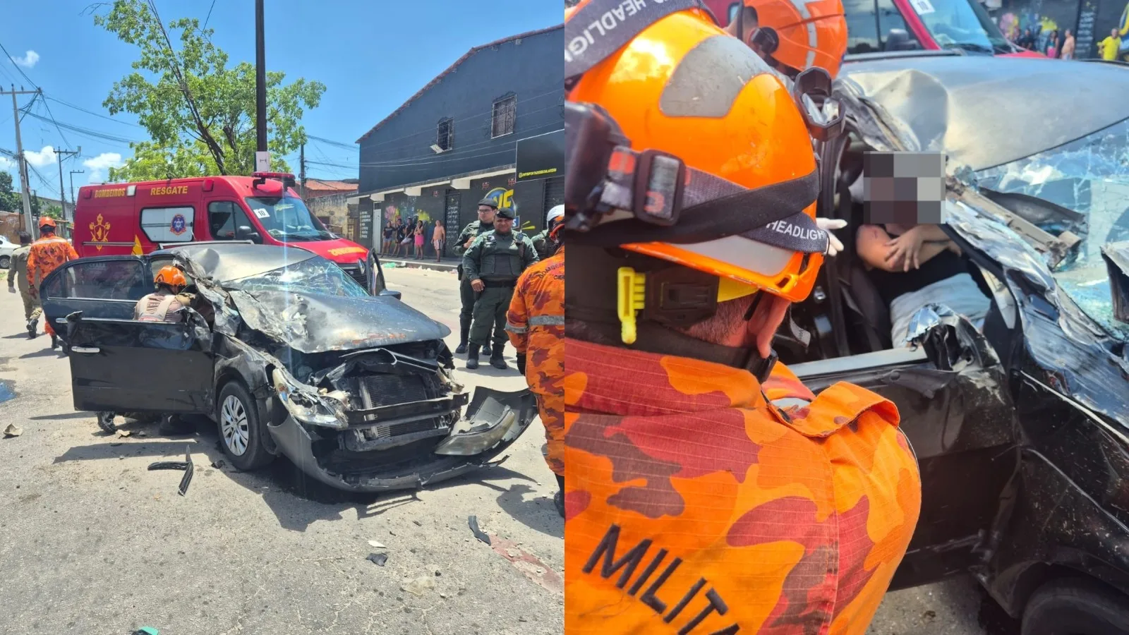 Mulher fica presa em carro após batida com ônibus em Fortaleza