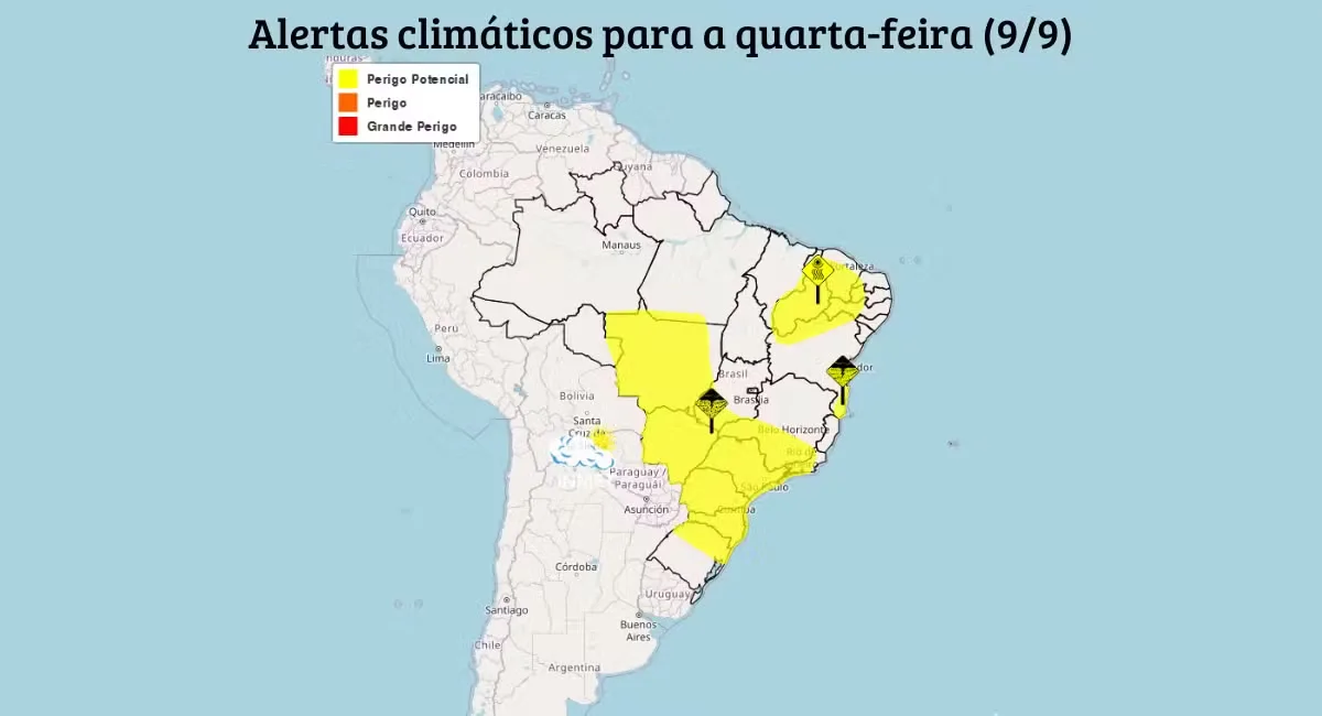 Inmet prevê chuva forte e trovoadas em áreas do Sul, Centro-Oeste e Sudeste